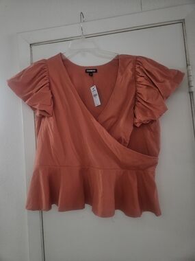 Express Coral Ruffle Sleeve Peplum Wrap Top